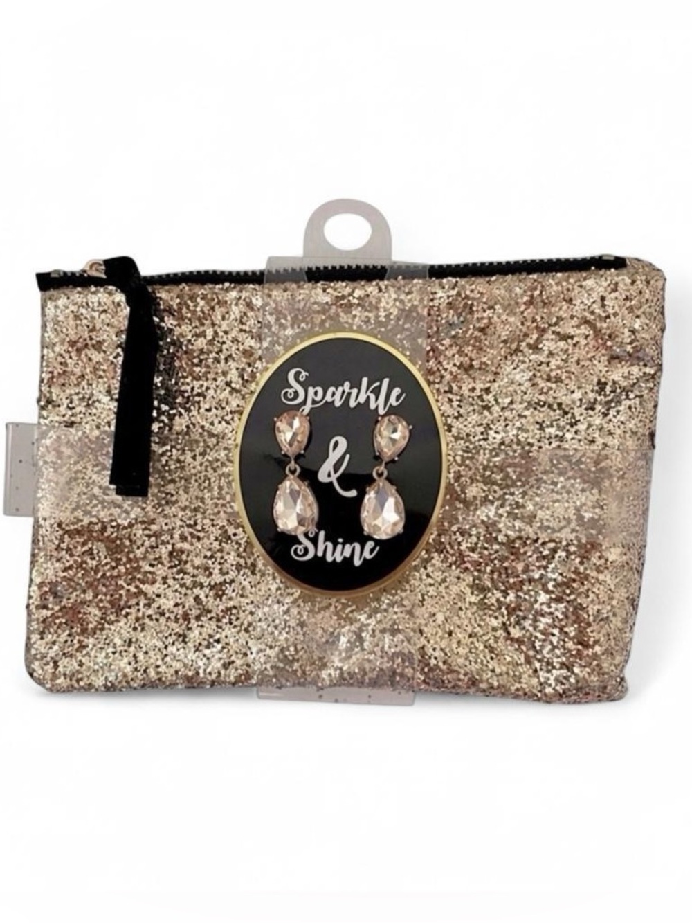 NWT Sparkle & Shine Glitter Zippered Pouch with Earrings